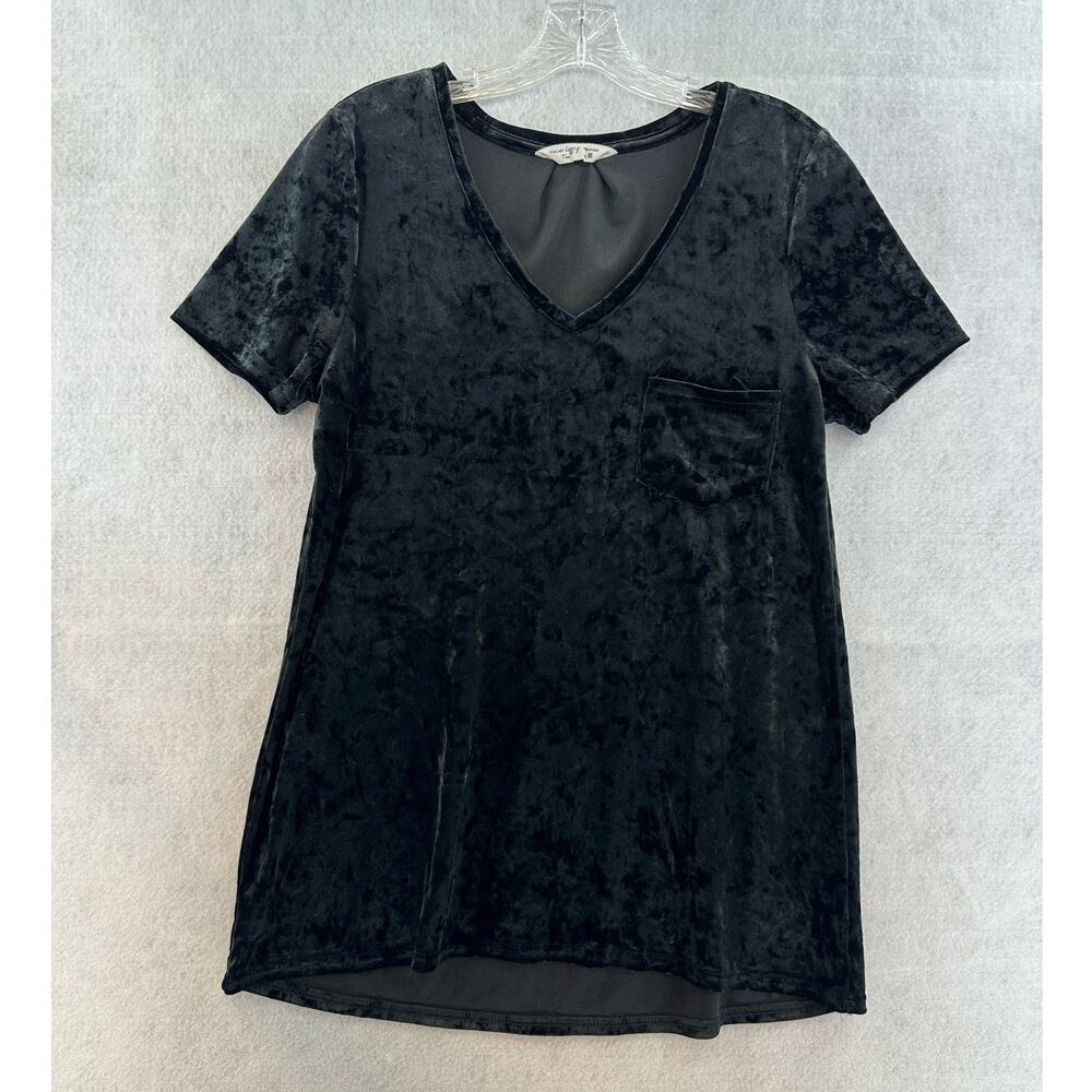 Spring + Mercer Velvet Legging Tee Medium Top V Neck Pocket Stretch Soft Black